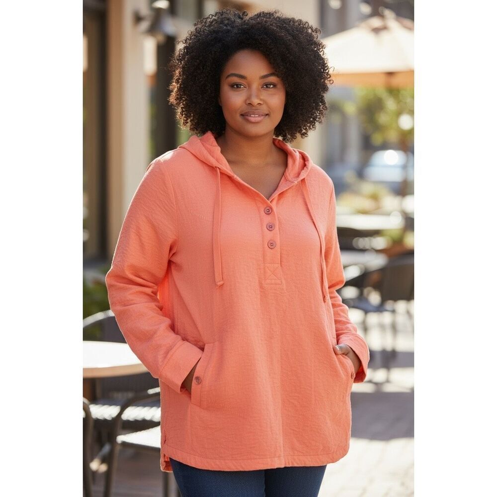Soft Surroundings Coral Hooded Pullover Tunic Top 1X Women’s Long Sleeve Casual